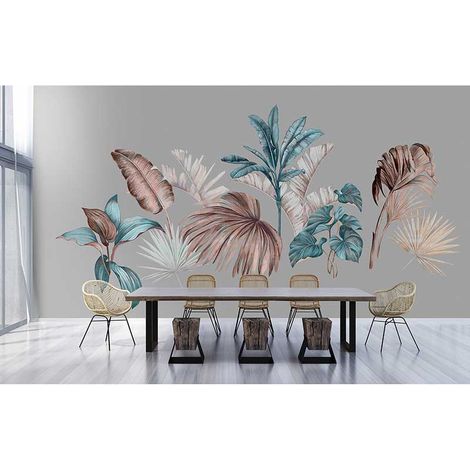 Papier peint panoramique plante gris & bleu Tapisserie panoramique tropicale idéale salon Papier peint panoramique palmier pour cage d'escalier (1/3)