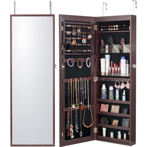Miroir Armoire à Bijoux 108 cm, Verrouillable, Fixation Murale ou sur Porte, LED Intérieures, Doublure Velours, Marron (1/5)