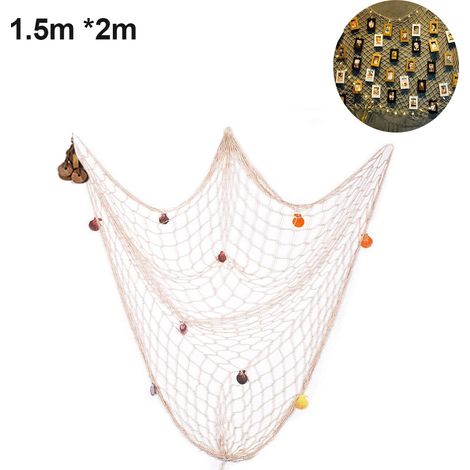 Filet De Pêche Décoratif - 1 x 2 M - En Coton Robuste - Style Méditerranéen Avec Coquillages Naturels Ancre Et Bouée - Pour Intérieur (1/5)
