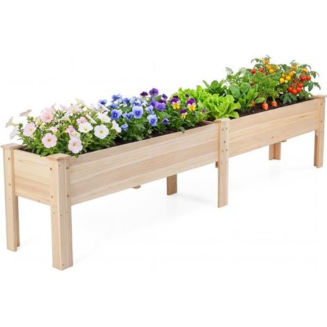 Bac à Planter Surélevé Long en Bois de Sapin Naturel 240 x 43,5 x 51,5 cm, Bac de Jardin sur Pieds avec Trous de Drainage, Ergonomique pour Légumes, Aromates et Fleurs (1/5)