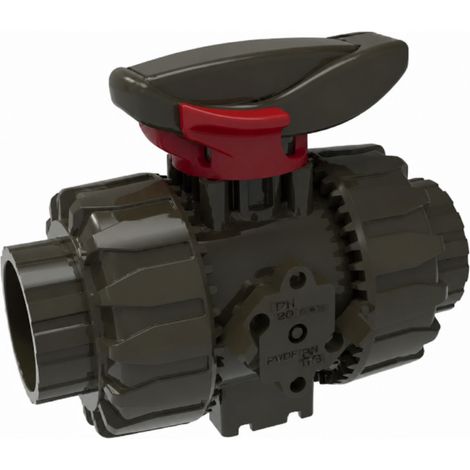 Vanne à bille double union PVC HTA diamètre 20mm.