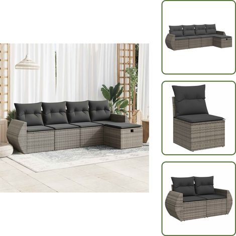5-tlg. Garten-Sofagarnitur mit Kissen Grau Poly Rattan - Gartensofa Set - Garten Sofa Set - Outdoor Sofa Set - Garten Sofagarnitur (1/5)