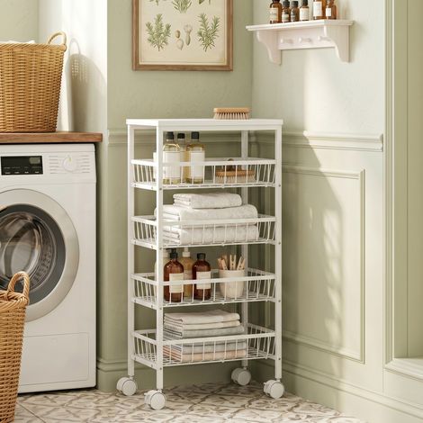 Étagère roulante métallique blanche 4 niveaux avec paniers coulissants, chariot de rangement à roulettes pour cuisine et salle de bain (1/5)