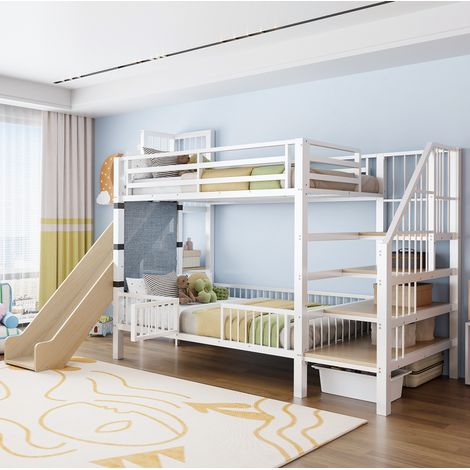 Letto a castello 90x200 cm bianco in MDF e metallo con scivolo e scala contenitore (1/5)
