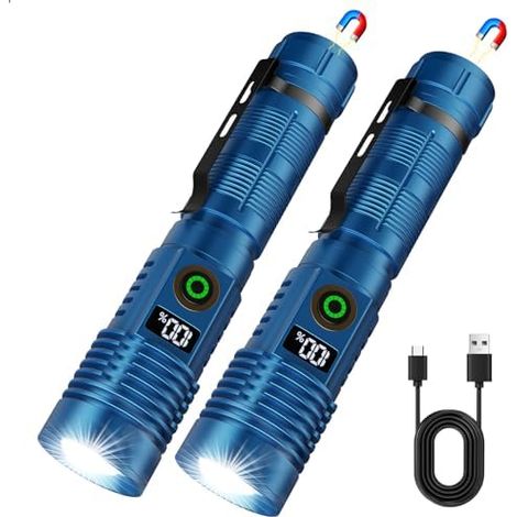 Lot de 2 lampes torches tactiques rechargeables, LED 2000 lumens, 6 modes d'éclairage, zoom, écran LCD avec indicateur de batterie, connexion magnétique USB-C, idéales pour le camping et la maison en (1/4)