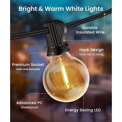 Guirnalda de luces para exteriores de 10 m/20 m/30 m, 20+2 bombillas G40, irrompible, impermeable, luces LED conectables, luz blanca cálida, Plug & Play, para interiores, jardín, balcón, hogar, boda,