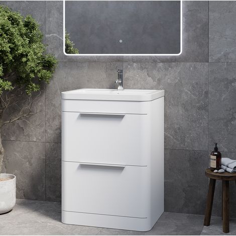 Oslo Gloss White 600mm 2 Drawer Vanity Unit with Leni Basin - 600mm - Chrome 300mm Finger Pull