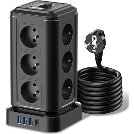 Tour Multiprise avec 12 Prises AC Française et 4 USB, 2 Mètres Câble USB C(20W PD3.0) et 3 USB A, Rallonge Electrique et Interrupteur, 3680W/16A, Multiprise Parafoudre pour Bureau et Maison,Noir (1/5)