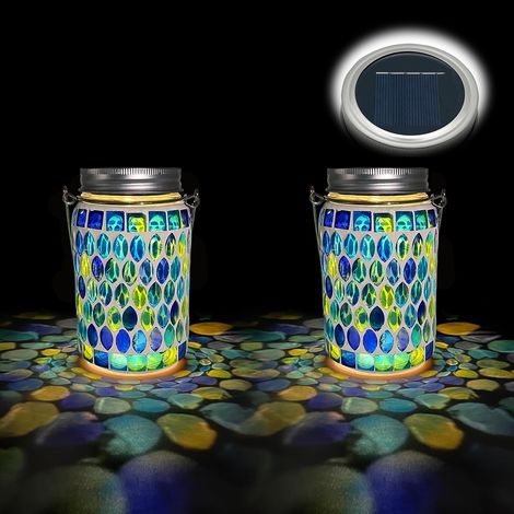Lot de 2 lanternes solaires en mosaïque pour jardin, extérieur, à suspendre, IP65, étanches, pour table, pelouse, chemin, cour, terrasse, clôture, verre mosaïque bleu (1/5)