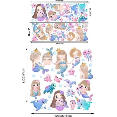 BEBUSINGOTO Sticker mural sirène pour chambre de filles, grands stickers muraux sirène pour chambre d'enfant, avec décoration murale de salle de bain tortue et méduse, peler et coller