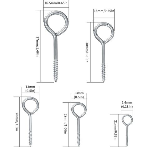 Screw On Piton, Screw Hook, Threaded Eye Pins, Eye Bolts for Wood DIY Craft Ceiling Hangers Jewellery Making (1/4)