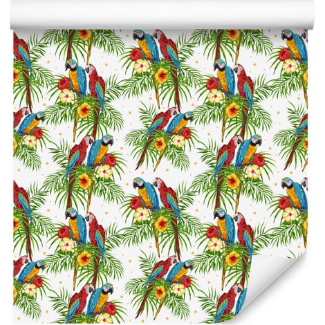 Papel pintado de loros en verde lima y blanco para salón y dormitorio, 50x1000 cm. (1/5)