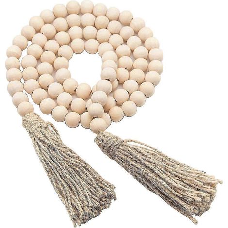 Guirlande de perles de bois style ferme de 130 cm (51 pouces), chapelet rustique, perles bohèmes avec pompons, guirlande murale à suspendre pour une décoration champêtre (1 pièce)-16mm