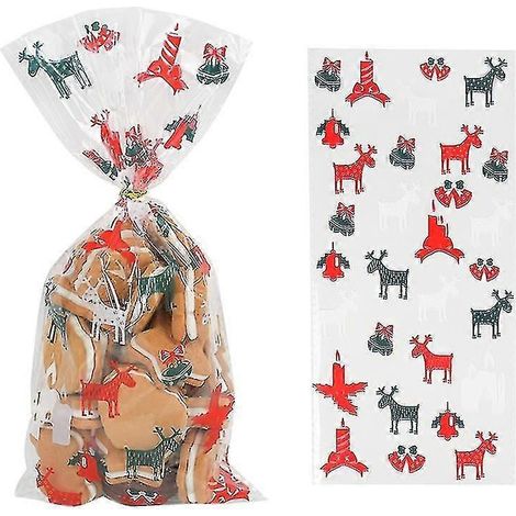 50 sachets cadeaux transparents en PVC avec motif Père Noël, sapin et renne, parfaits pour emballer des bonbons, des biscuits et autres gourmandises.-Style3