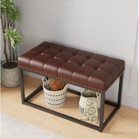 Banco tapizado vintage, asiento capitoné, uso versátil, estructura de metal y madera, negro y marrón (1/5)