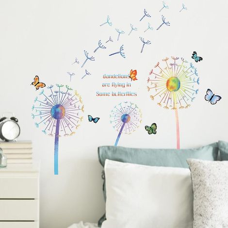 Ensemble d'autocollants muraux colorés à motif de papillons et de pissenlits pour chambre, salle de jeux, salon ou bureau (1/5)