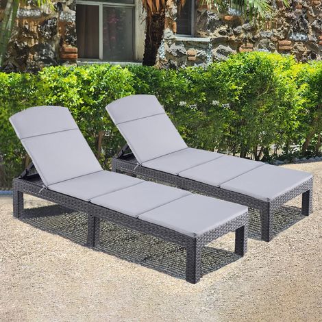 Bolli – Lot de 2 transats de jardin en résine tressée – Dossier réglable – Coussin inclus – Résistant aux intempéries – Noir
