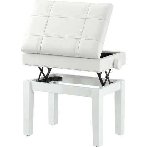Banquette tabouret siège pour piano coffre intégré hauteur réglable bois hévéa assise revêtement synthétique blanc