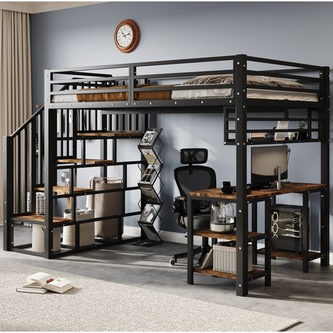 Cama infantil alta 120x200 cm con escritorio y estantería OKMYHOME (1/5)