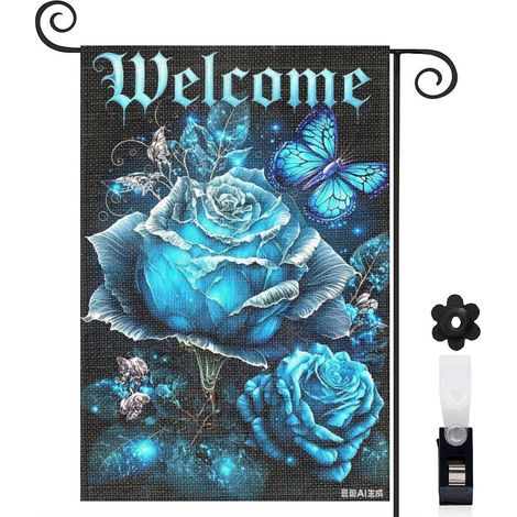 Drapeau vertical roses bleues et motifs mandala 30 x 45 cm décoration jardin d'été (1/5)