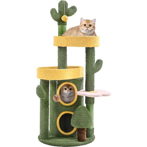 Homevive Árbol Rascador para Gatos Medianos Diseño de Cactus de Oasis Torre para Gatos con Escondite Cilíndrico de 2 Niveles 123cm de Alto Verde y Amarillo