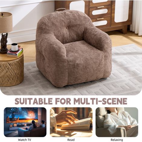 Coussin géant en fausse fourrure beige avec rembourrage en mousse déchiquetée, canapé pouf à accoudoirs pour salon, chambre et lecture, sans montage requis (1/5)