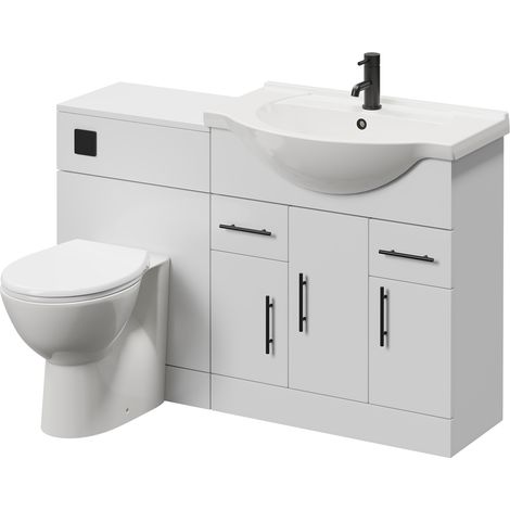 Alexander James Gloss White 1250mm 3 Door Vanity Unit Toilet Suite - 1250mm - Matt Black 96mm Bar HandleJames Toilet Pan and Seat