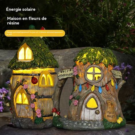 Lanterne solaire maison de fées en résine, décoration de jardin et paysage, lampe LED étanche IP44, design cabane en baril, dimensions 16,5 x 16,2 x 30,8 cm (1/5)