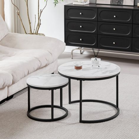 Wokaka Juego de 2 Mesas bajas gigogne – Escandinavas – Superficie de madera maciza marmolada y patas de metal – 80×60 cm