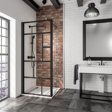 Schulte – Paroi de douche à l'italienne 90 x 200 cm – Verre de sécurité 5 mm anticalcaire – Profilé noir – Retour pivotant – Montage réversible