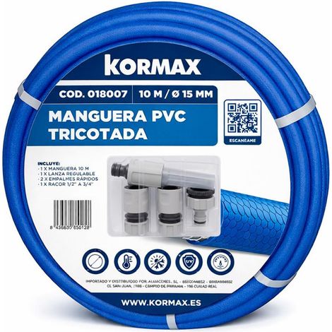 KORMAX manguera azul tricotada 15 mm + accesorios , Kit Manguera de Riego Azul Tricotada 3 Capas 15 mm Kormax.
- Kit completo de manguera de riego azul tricotada de tres capas, fab (1/2)