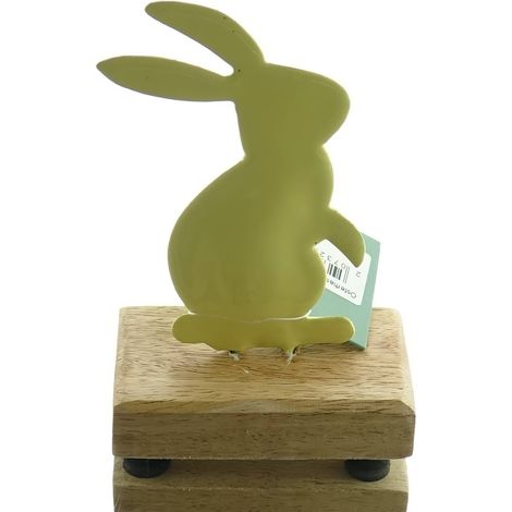 Kaemingk – Lapin de Pâques jaune sur socle en bois, 11 cm – Métal et bois