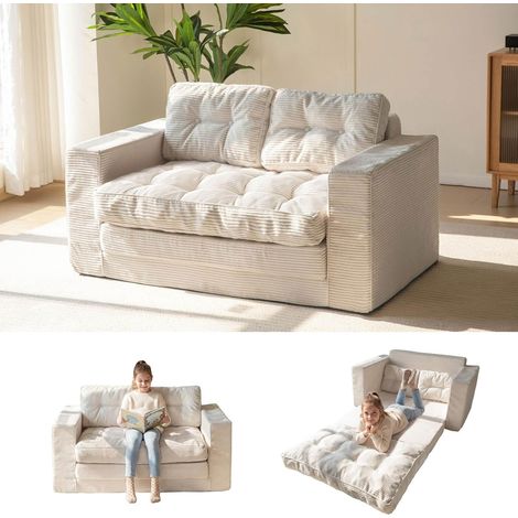 Canape-lit 2 en 1 convertible 2 place - fauteuil canapé-lit pliant modulaire en velours côtelé avec accoudoirs et coussin - canapé compressé compact pour salon ou chambre - 227 x 143 x 62cm - beige