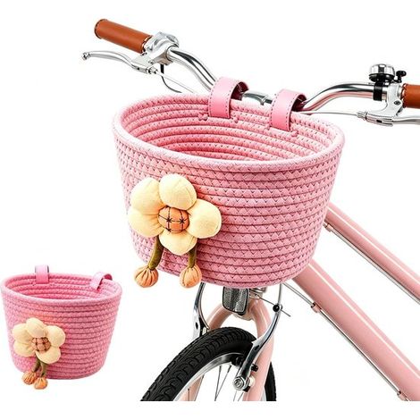 Panier tressé pour vélo fille - Panier de guidon - Sacoche de vélo - Porte-bagages - Panier de courses - Compatible avec les guidons de vélos, draisiennes et trottinettes pour enfants - Rose (1/5)