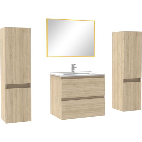 Ensemble meubles Salle de Bain avec colonne + miroir mural 60cm meuble Chêne Wotan