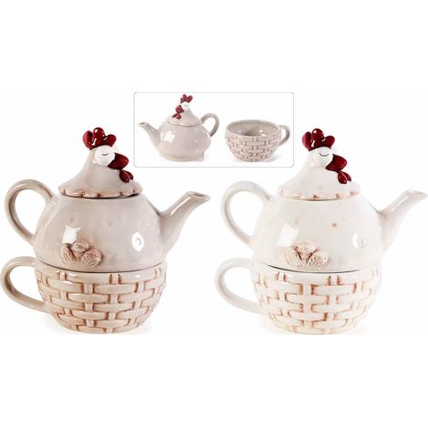 Théières et tasses en céramique colorée en forme de poule avec décors en relief, lot de 2, 17 x 12 x H. 16 cm