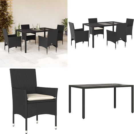 Ensemble à manger de jardin et coussins 5 pcs noir rotin verre - Meubles De Jardin - Salon De Jardin - Set De Jardin - Mobilier D'extérieur - Table De Jardin - Home & Living (1/5)