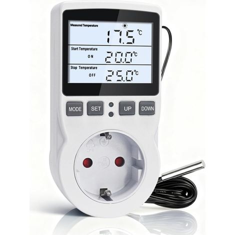 Prise Thermostat avec Sonde de 3 Mètres 220V, Régulateur de Température Prise Numérique avec Rétroéclairage LCD, Contrôleur de Température pour Couveuse Frigo Serre (1/5)