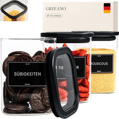 Lot de 3 bocaux de conservation carrés avec couvercle en verre - 1000 ml - Boîtes de conservation en verre hermétiques et anti-mites - Bocaux de rangement de cuisine pour aliments, pâtes (1/5)