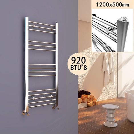 ELEGANT 1200 x 500 mm Chrome Efficient Rads Flat Panel Towel Rail Radiator Bathroom Heated + Chrome Thermostatic Radiator Valves (1/5)