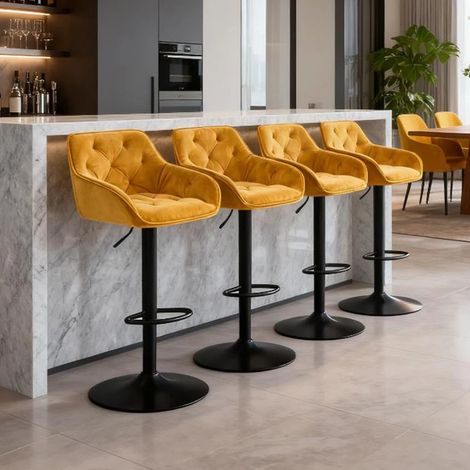 4pcs Luxury Bar Stools Velvet Dining stools Padded Armrest Swivel Bar Chairs Height adjustable Breakfast Kitchen-Yellow (1/5)