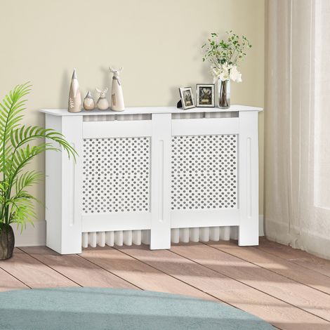 Cache-radiateur, 111,5 x 19 x 82 cm, cache-radiateur moderne en MDF avec étagère supérieure et lattes, pour salon, chambre, couloir, blanc