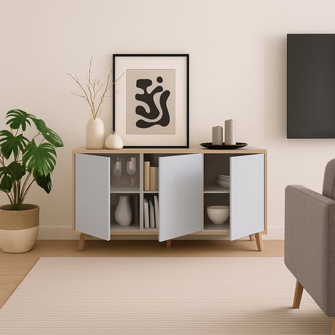 Credenza - 3 Ripiani 3 Ante, Marrone Rovere, -, 154x41x75h cm Pergamino (1/4)