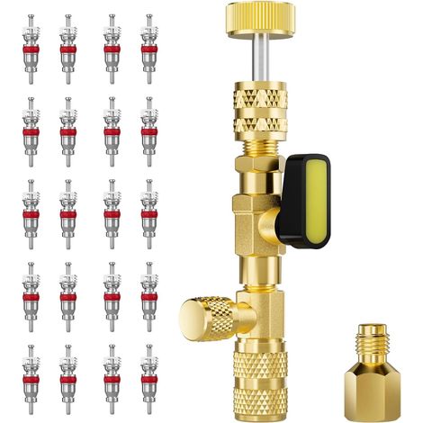 Werkzeug zum Ein- und Ausbau von Ventileinsätzen mit Doppelanschluss-Messingadapter, Ventilwerkzeug für Kälteanlagen mit 20 Ventileinsätzen (1/4)
