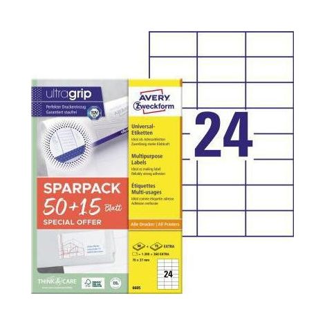 AVERY ZWECKFORM Universaletikett Avery Zweckform ultragrip SPARPACK 50 + 15 Blatt 70 x 37 mm (B x H) nicht wiederablösbar Papier weiß 1.560 Etik./Pack. (1/4)