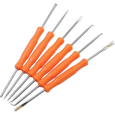 Kit de soudure de précision pour circuits imprimés, comprenant 6 outils : brosse, grattoir, fourchette, crochet et poinçon (orange). (1/5)