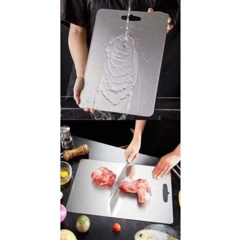 Planche à découper en titane - En acier inoxydable des deux côtés - Sans BPA - Pour la cuisine, la viande, le pain, les légumes, les fruits (34 x 23 cm) (1/3)