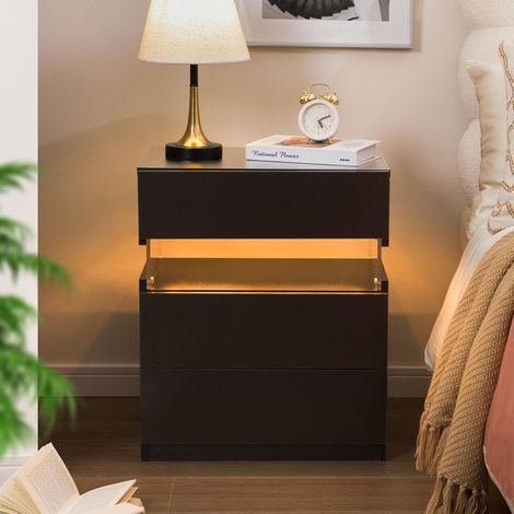 Table de chevet noire avec lumière LED - Table de chevet moderne avec 3 tiroirs - Pour chambre à coucher, salon - Noir (1/5)