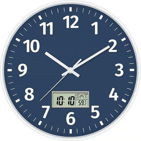 Horloge murale numérique ronde avec affichage de l'heure, du jour de la semaine et de la température, silencieuse (sans tic-tac), alimentée par piles. (1/5)