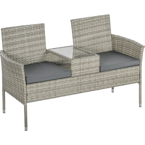 Two-Seat Rattan Chair, with Middle Table - Light Grey
